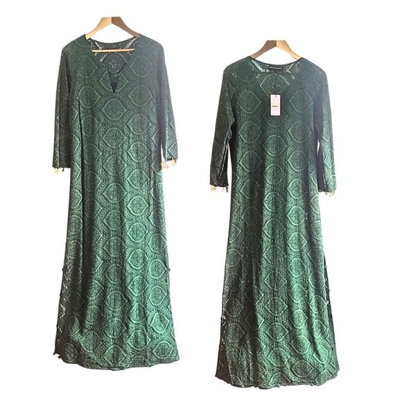 NWT HEMANT & NANDITA Viridian Aari Zardozi Metallic Embroidered Tassel Caftan L - Picture 7 of 10